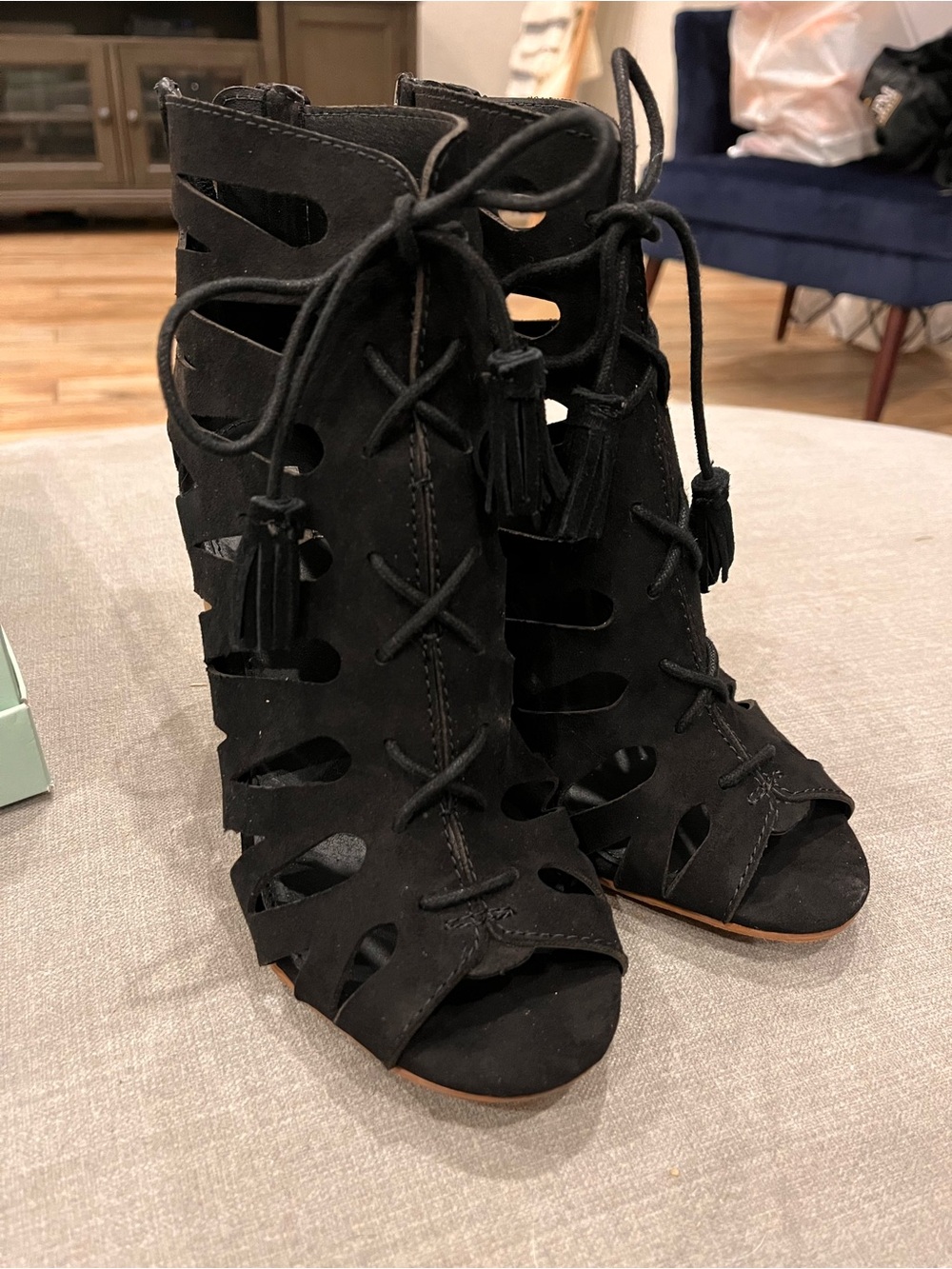 MIA Becky Black Caged Lace-Up Block Heels (Size 7)
